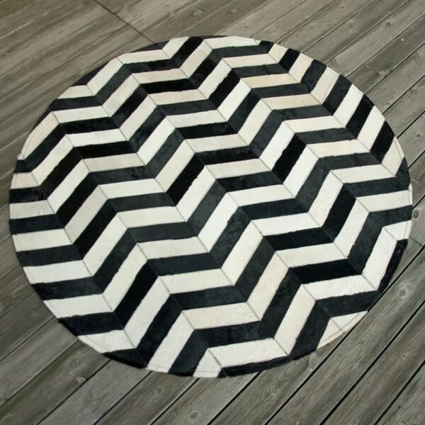 Round Patchwork Chevron Black and White Cowhide Rug - Image 2