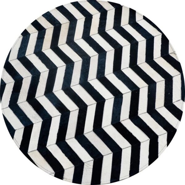 Round Patchwork Chevron Black and White Cowhide Rug - Image 4