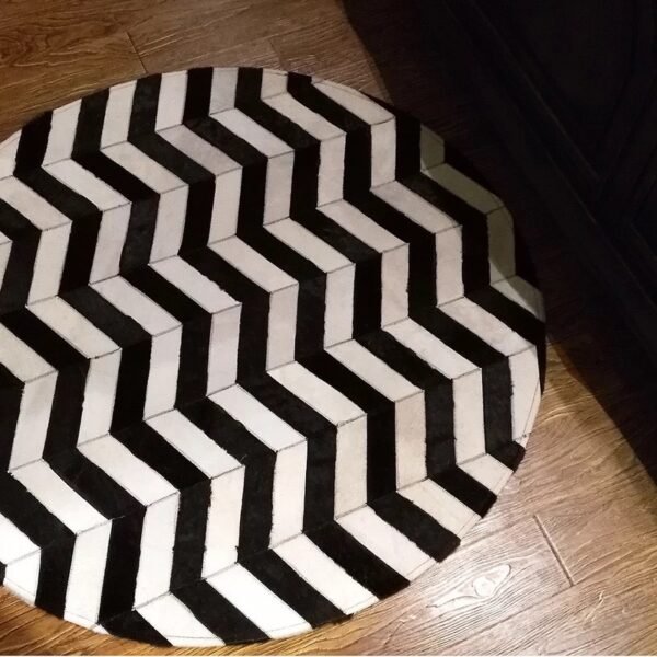 Round Patchwork Chevron Black and White Cowhide Rug - Image 3