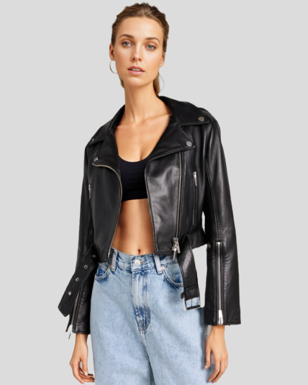 Urbanite Cropped Black Leather Moto Jacket - Image 2