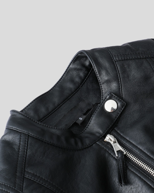 Urban Style with Sophisticated Appeal - City Sleek Women's Fitted Black Leather Jacket with Textured Sleeves - Image 3