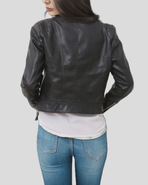 Urban Style with Sophisticated Appeal - City Sleek Women's Fitted Black Leather Jacket with Textured Sleeves - Image 2