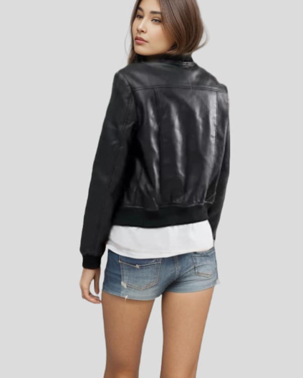 Women's Black Bomber Leather Jacket with Ribbed Cuffs and Hem - Classic Style with Modern Details - Image 2