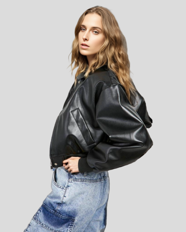 Girl's Oversized Cropped Black Leather Bomber Jacket - Modern Style with Comfort - Image 2