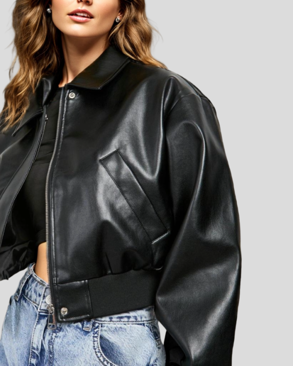 Girl's Oversized Cropped Black Leather Bomber Jacket - Modern Style with Comfort