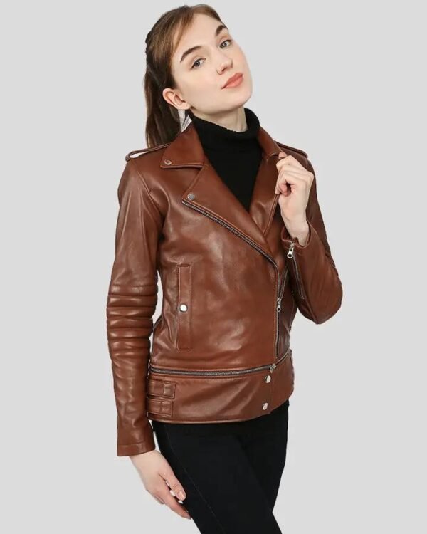 Brown Biker Leather Jacket - Image 4