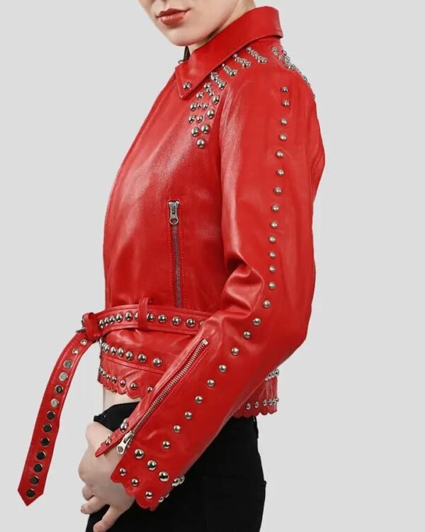 Women's Red Studded Leather Jacket - Bold and Glamorous - Image 4