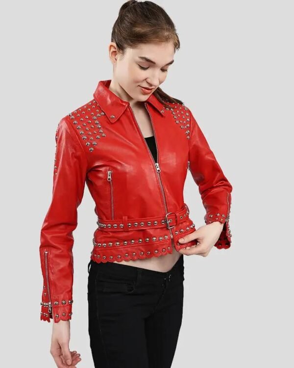 Women's Red Studded Leather Jacket - Bold and Glamorous - Image 2