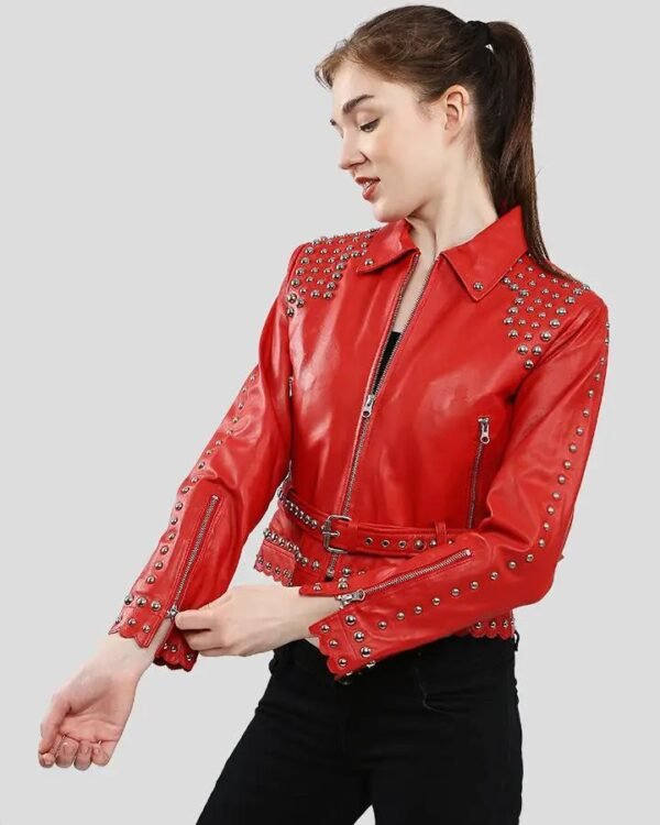 Women's Red Studded Leather Jacket - Bold and Glamorous - Image 3