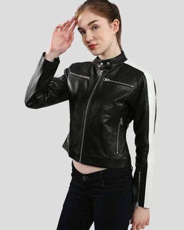 Women's Black & White Racer Leather Jacket - Sleek Contrast Design - Image 2