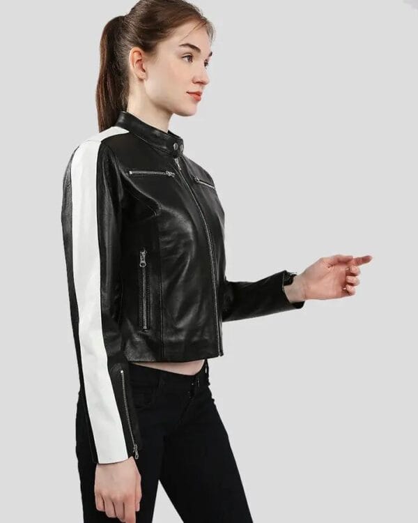 Women's Black & White Racer Leather Jacket - Sleek Contrast Design