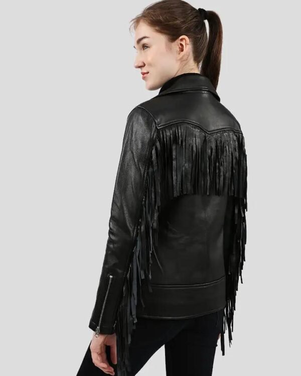 Women's Black Fringe Biker Leather Jacket - Edgy and Stylish Choice - Image 3