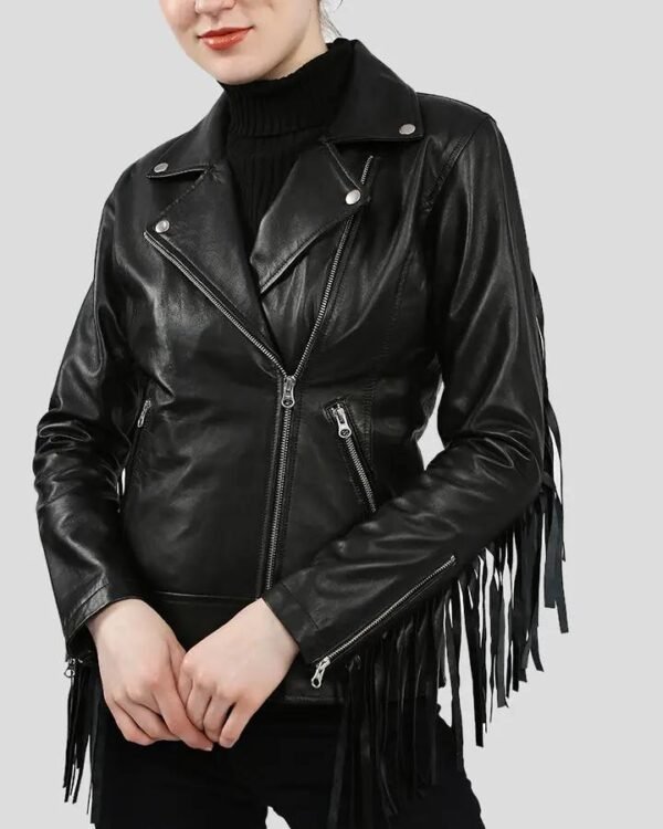 Women's Black Fringe Biker Leather Jacket - Edgy and Stylish Choice - Image 4