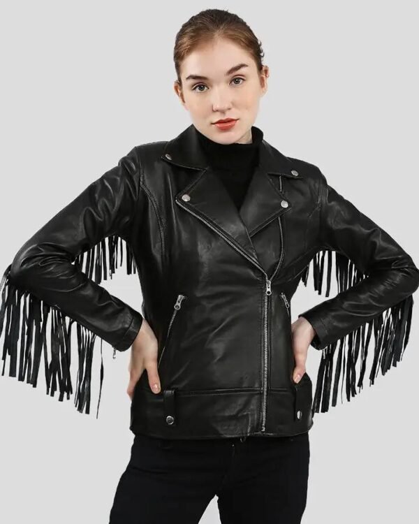 Women's Black Fringe Biker Leather Jacket - Edgy and Stylish Choice - Image 2