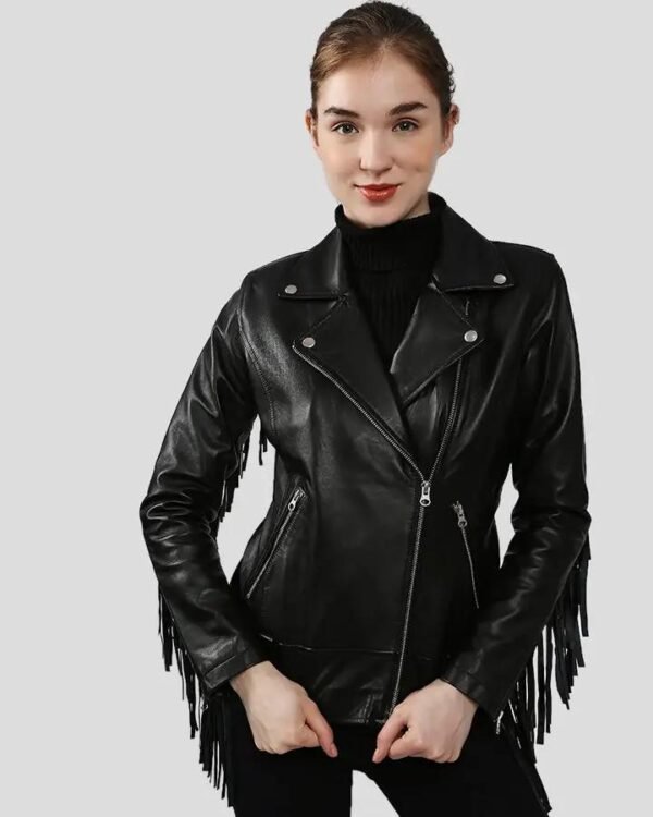 Women's Black Fringe Biker Leather Jacket - Edgy and Stylish Choice