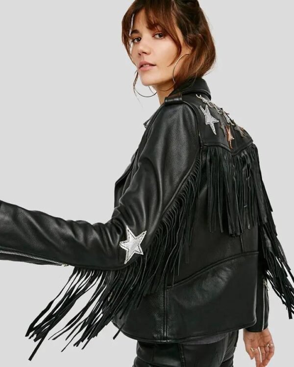 Black Biker Leather Jacket with Tassels - Stylish and Edgy Women's Outerwear