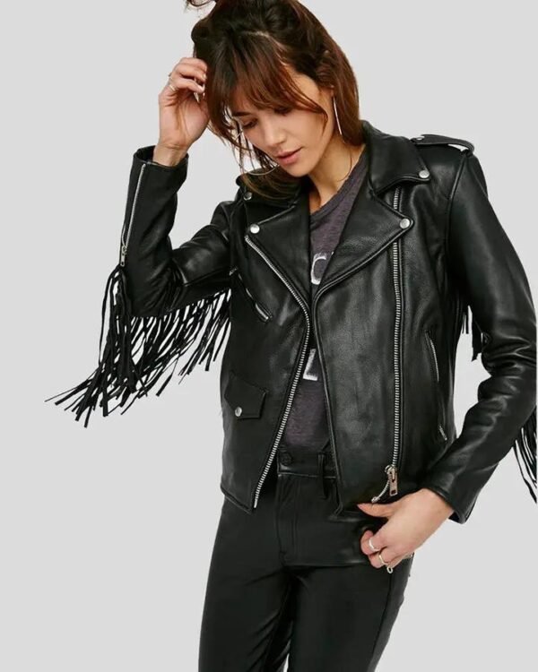 Black Biker Leather Jacket with Tassels - Stylish and Edgy Women's Outerwear - Image 2