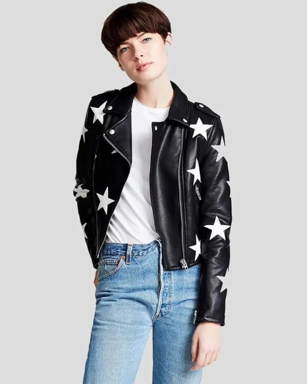 White Star Pattern Black Leather Jacket for Women - Unique Style with Chic DetailingStar Black Biker Leather Jacket