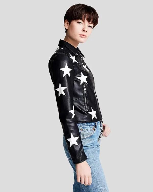 White Star Pattern Black Leather Jacket for Women - Unique Style with Chic DetailingStar Black Biker Leather Jacket - Image 2