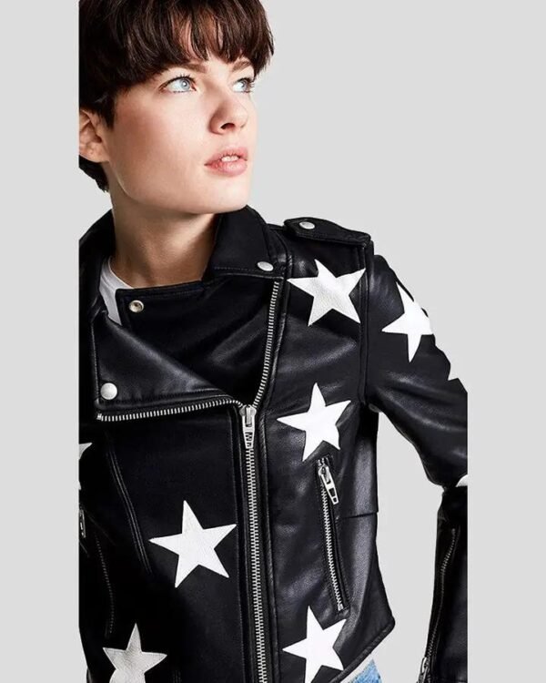 White Star Pattern Black Leather Jacket for Women - Unique Style with Chic DetailingStar Black Biker Leather Jacket - Image 3