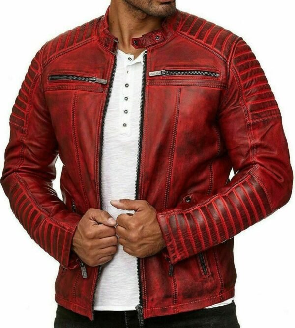 Red Cafe Racer Zip-Up Moto Jacket for Men - Stylish and Bold Outerwear