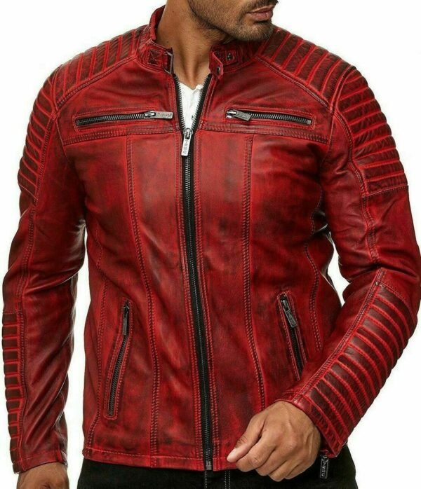 Red Cafe Racer Zip-Up Moto Jacket for Men - Stylish and Bold Outerwear - Image 2