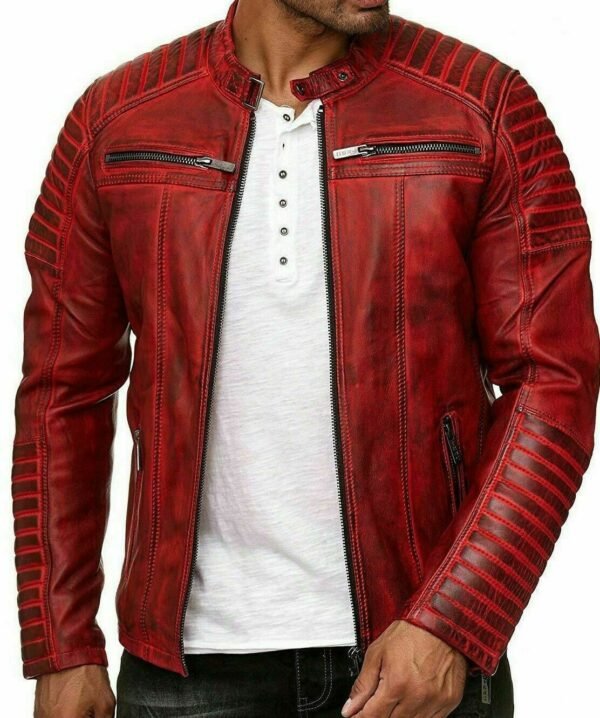 Red Cafe Racer Zip-Up Moto Jacket for Men - Stylish and Bold Outerwear - Image 3