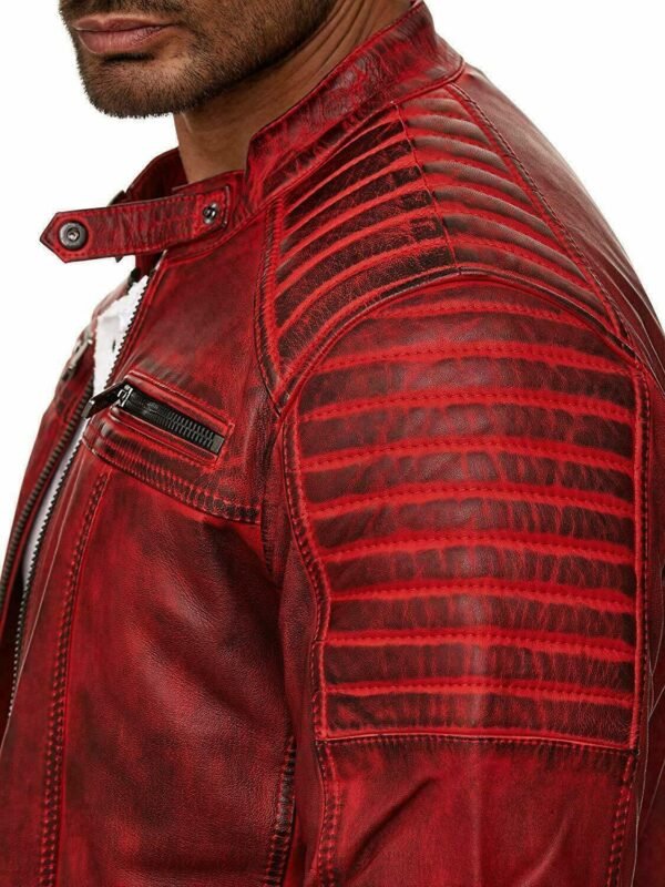 Red Cafe Racer Zip-Up Moto Jacket for Men - Stylish and Bold Outerwear - Image 4